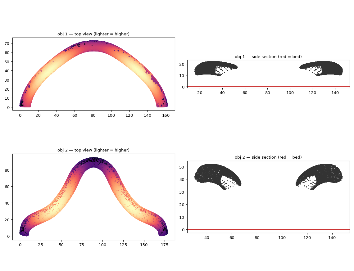 Figure 3 — Orientation plot of the two white details, top view and section. Each is a solid curved band that arches through space to follow the mask, so it stands on its two tips with its whole len…